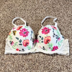 Victoria’s Secret Floral Lace Trim Push-Up Bra - White with Pink Flowers Sz 36C